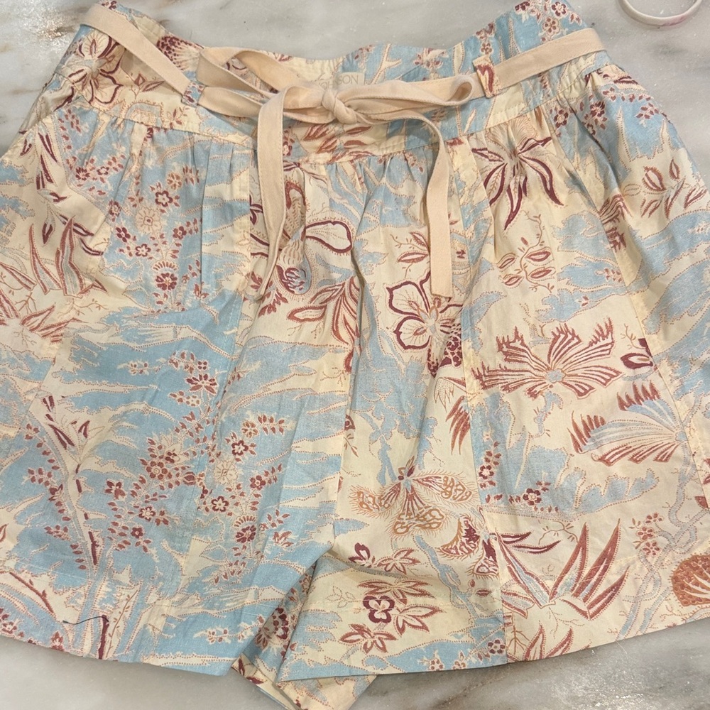 Ulla Johnson Rowan belted Cream, Light Blue & Rust Floral Drawstring Shorts 4